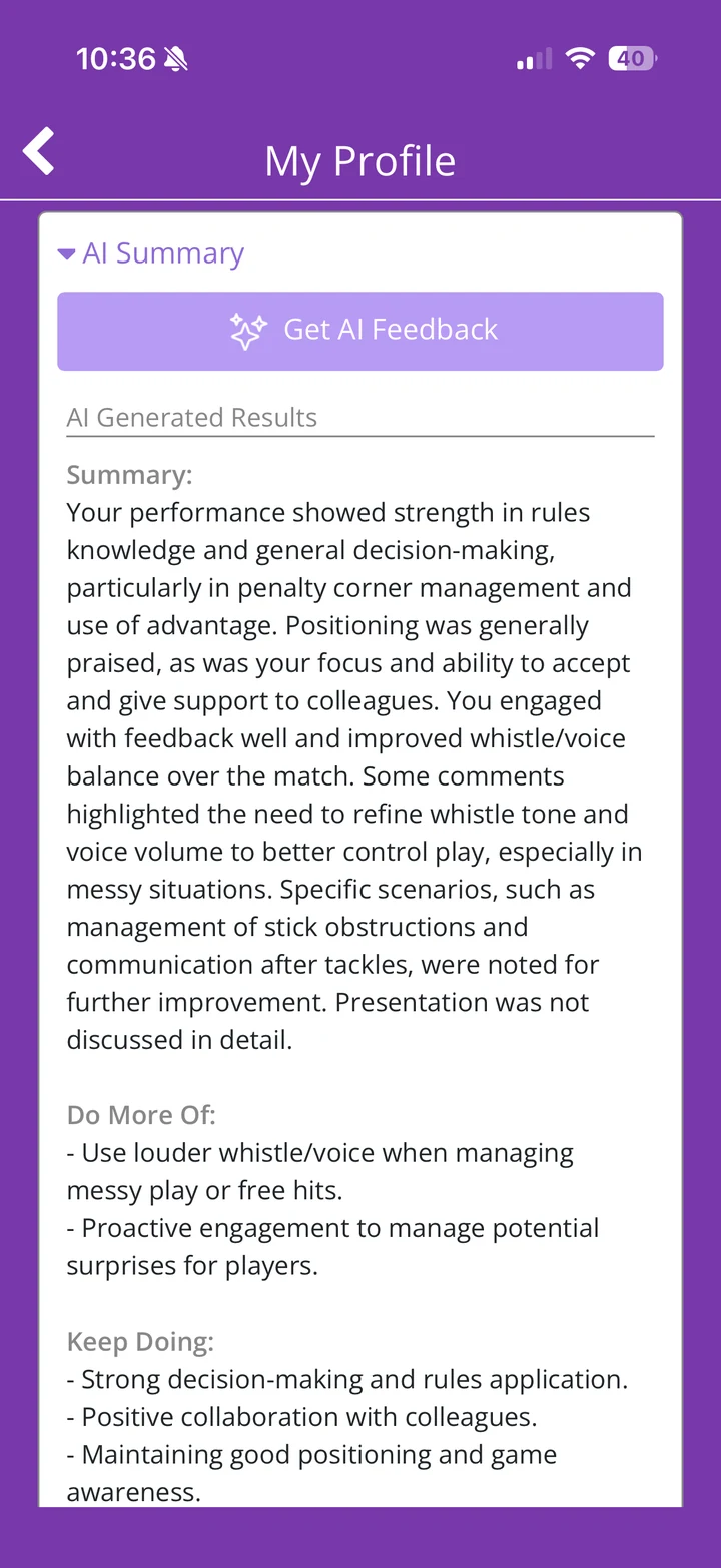 AI-generated development summary of an official's feedback on the WhistleIQ mobile app