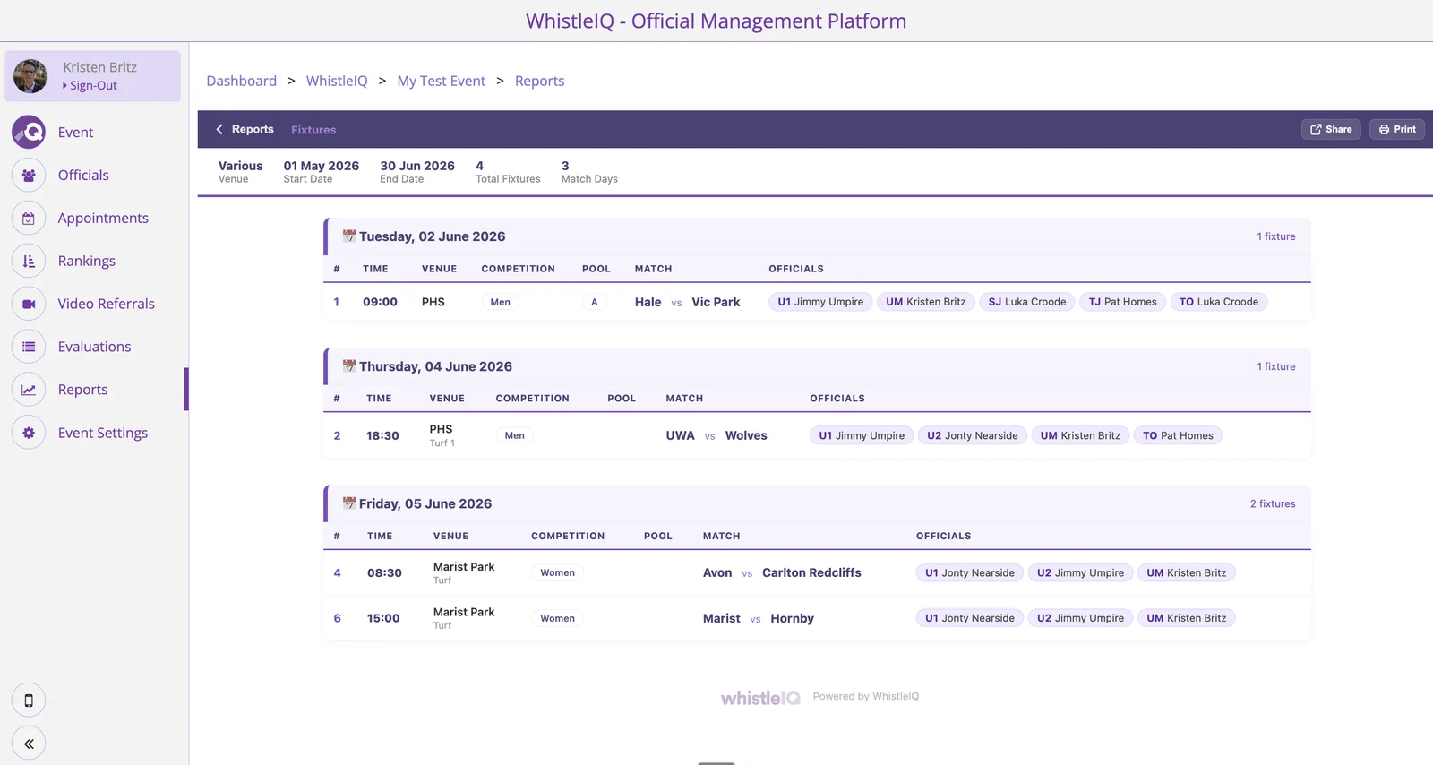 Fixtures and official appointments in the WhistleIQ web app