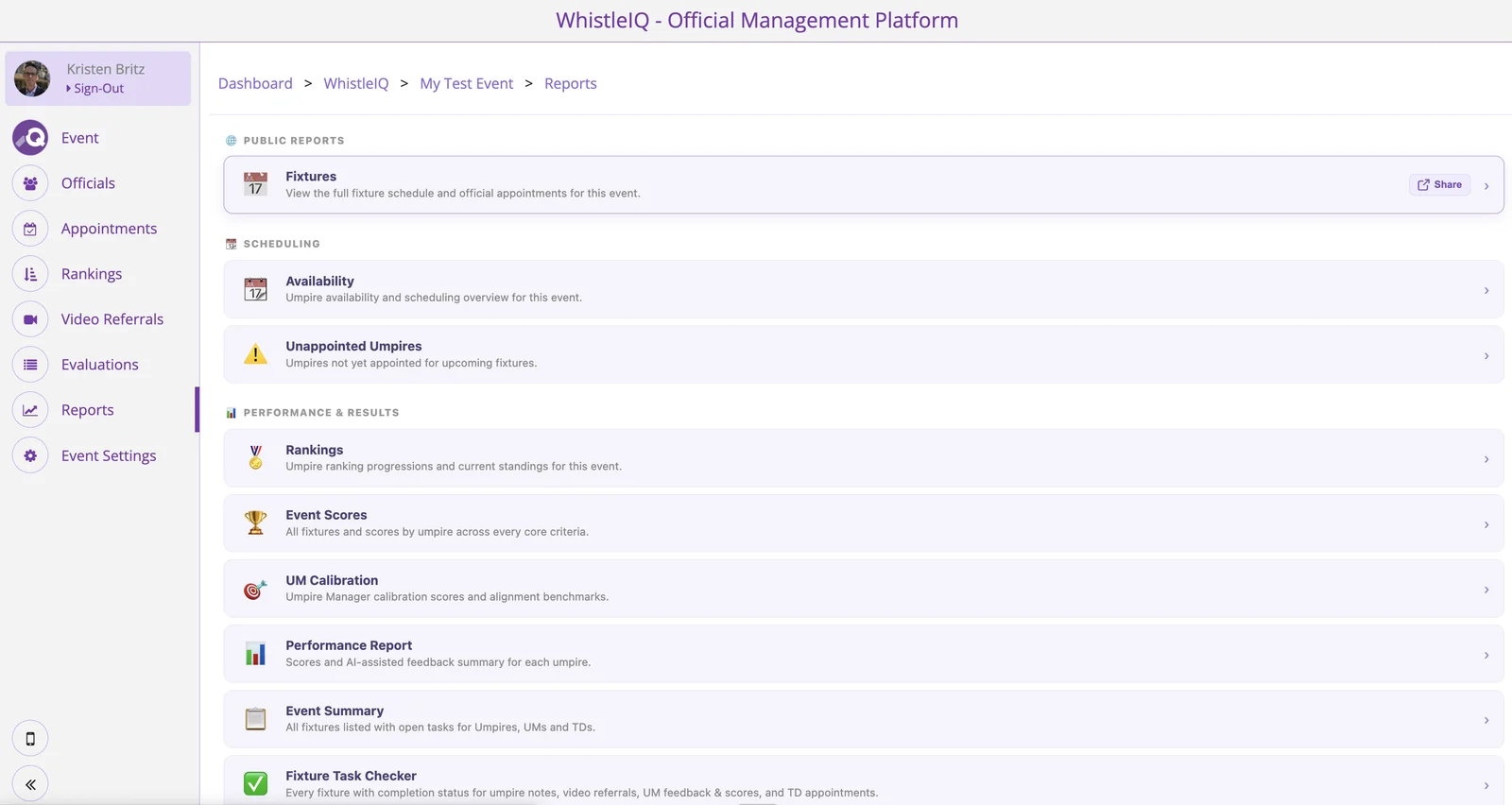 The reports and insights menu in the WhistleIQ web app